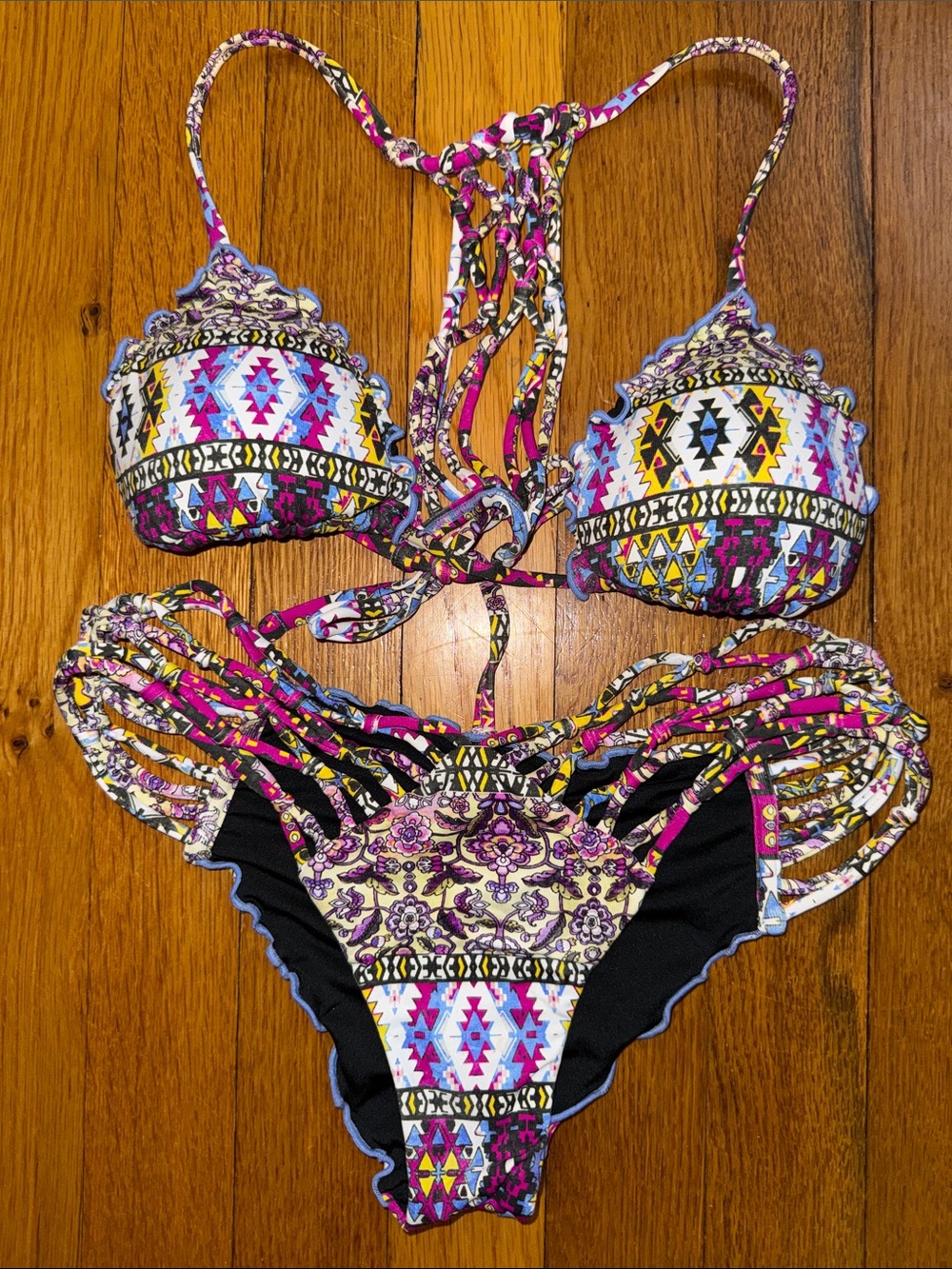 Women’s Multi-Colored Patterned Bikini Set - Vibrant Pink & Black